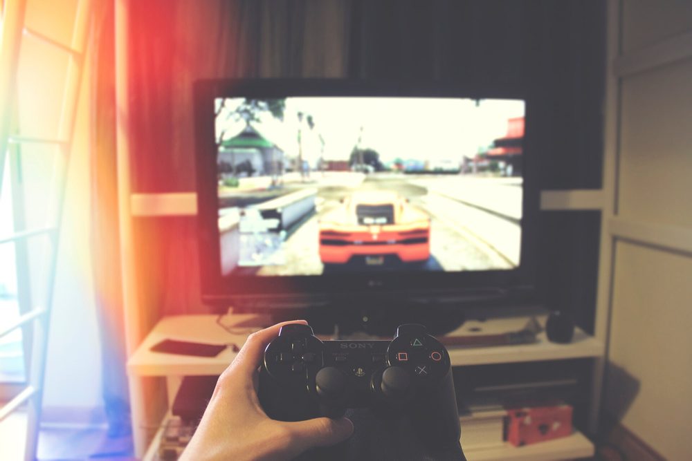 A seated racing game cabinet